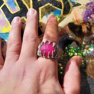 Chunky Sterling Silver and Faux Ruby Fanged Ring